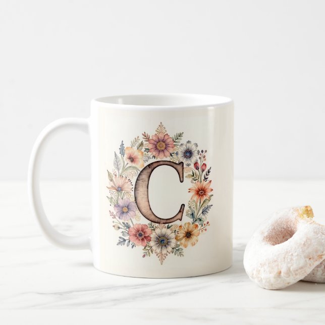 Anfangsbuchstabe C Flower Boho Blumen Tasse  (Mit Donut)