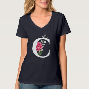 Anfangsbuchstabe C in weißer rosa Rose T-Shirt