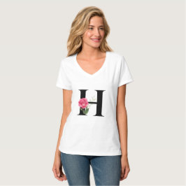 Anfangsbuchstabe H in Schwarz mit rosa Rose T-Shirt
