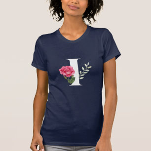 Anfangsbuchstabe I in Weiß mit rosa Rose T-Shirt