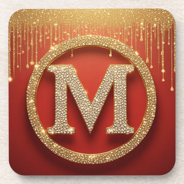 Anfangsbuchstabe M Gold Glitter Monogramm Getränkeuntersetzer (Vorderseite)
