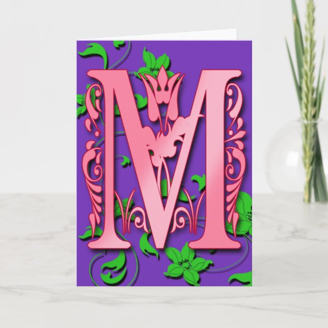 Anfangsbuchstabe M Monogramm auf rosa Lila Karten (Vorderseite)