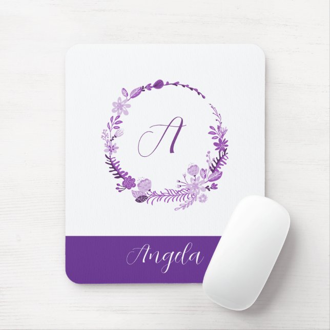 Anfangsbuchstabe Monogramm Elegant Chic Lila Flora Mousepad (Mit Mouse)