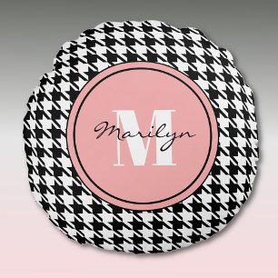Anfangsbuchstabe Name Houndstooth-Muster Rosa Akze Rundes Kissen