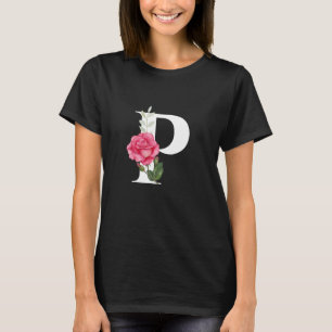 Anfangsbuchstabe P in weiß mit rosa Rose T-Shirt
