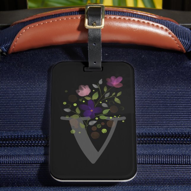 Anfangsbuchstabe V Plus Floral Design Gepäckmarke Gepäckanhänger (Vorderseite Insitu 2)