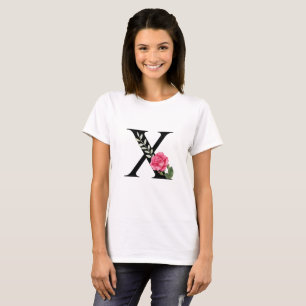 Anfangsbuchstabe X in Schwarz mit rosa Rose T-Shirt
