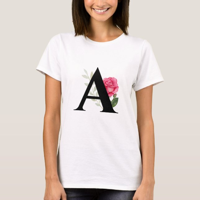 Anfangsbuchstaben A in weißer rosa Rose T-Shirt (Vorderseite)