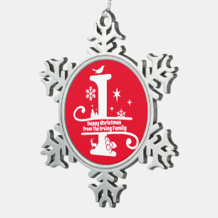 Anfangsbuchstaben I Monogramm Familienname Schneeflocken Zinn-Ornament