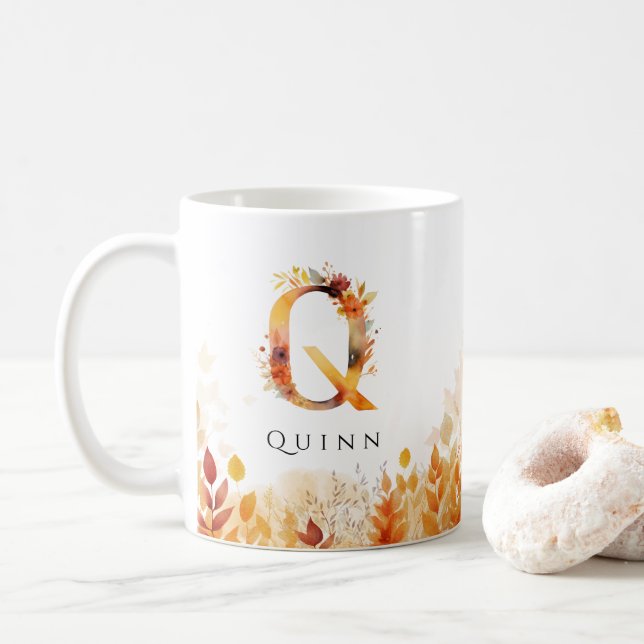 Anfangsbuchstaben Q-Herbstlaub Kaffeetasse (Mit Donut)