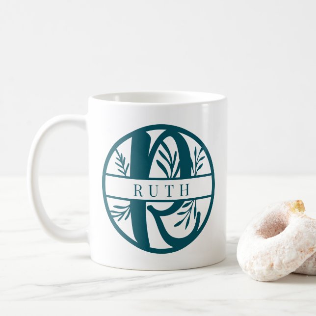 Anfangsbuchstaben R | Aquamarine Split Monogramm Kaffeetasse (Mit Donut)