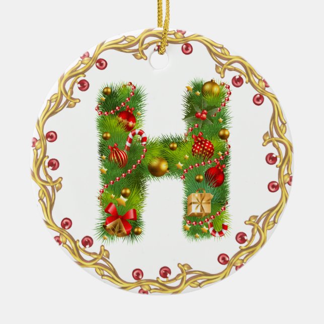 Anfangsmit Monogramm Verzierung h Weihnachts- Keramikornament (Vorne)