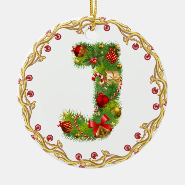 Anfangsmit Monogramm Verzierung j Weihnachts- Keramikornament (Vorne)