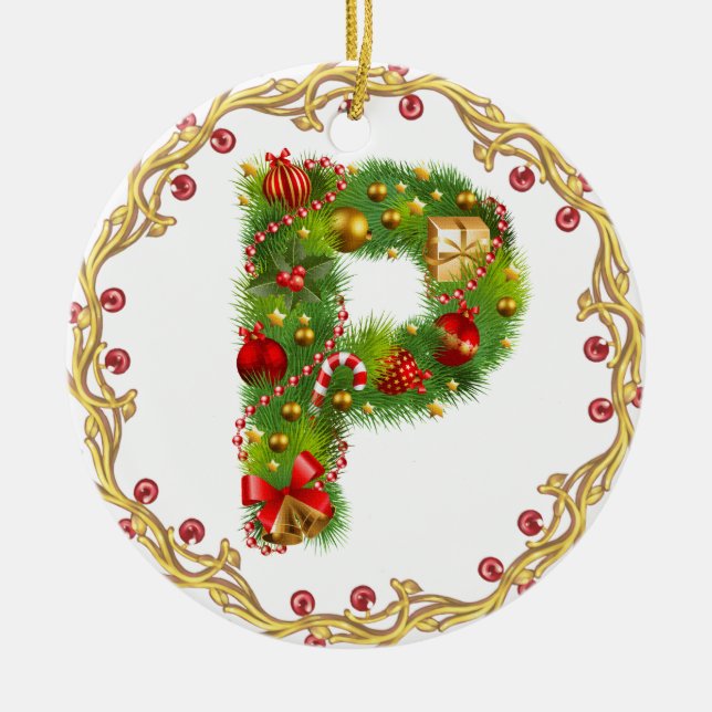 Anfangsmit Monogramm Verzierung p Weihnachts- Keramikornament (Vorne)