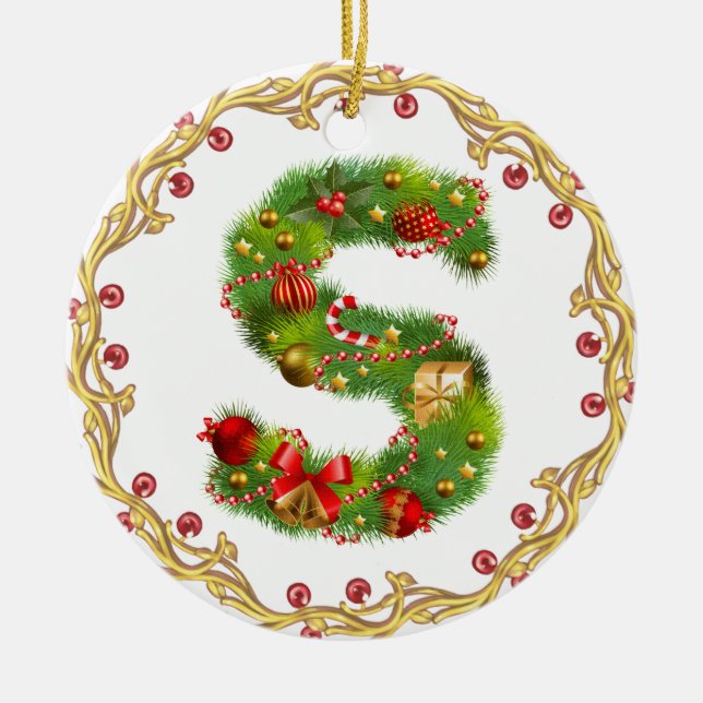 Anfangsmit Monogramm Verzierung s Weihnachts- Keramikornament (Vorne)