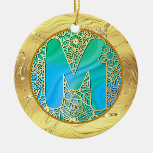 Anfangsmonogramm M Weihnachten - Gold, Türkis & Bl Keramik Ornament