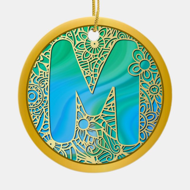 Anfangsmonogramm M Weihnachten - Gold, Türkis & Bl Keramik Ornament (Vorne)