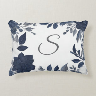 Anfangsmonogramm Navy Blau Grau Farmhaus Floral Dekokissen