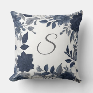 Anfangsmonogramm Navy Blau Grau Farmhouse Floral Kissen