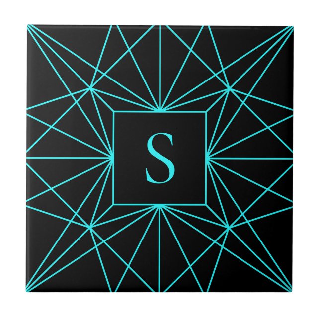 Anfangsmonogramm | Türkis geometrisches Design Fliese (Vorderseite)