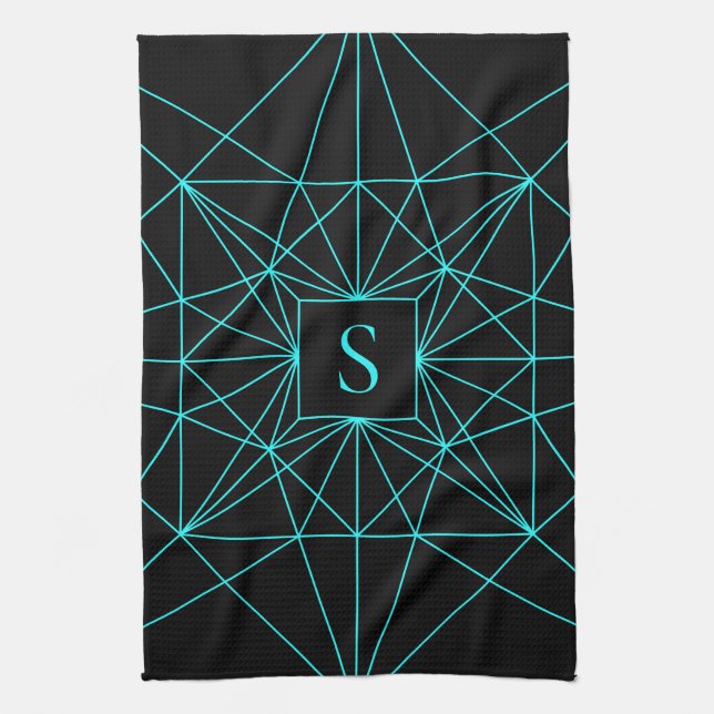 Anfangsmonogramm | Türkis geometrisches Design Geschirrtuch (Vertikal)