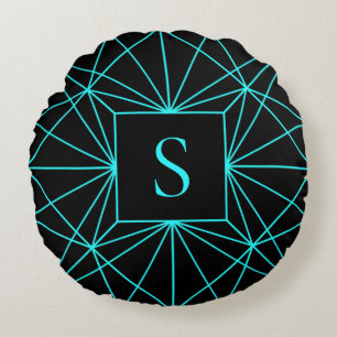 Anfangsmonogramm Türkis geometrisches Design Rundes Kissen