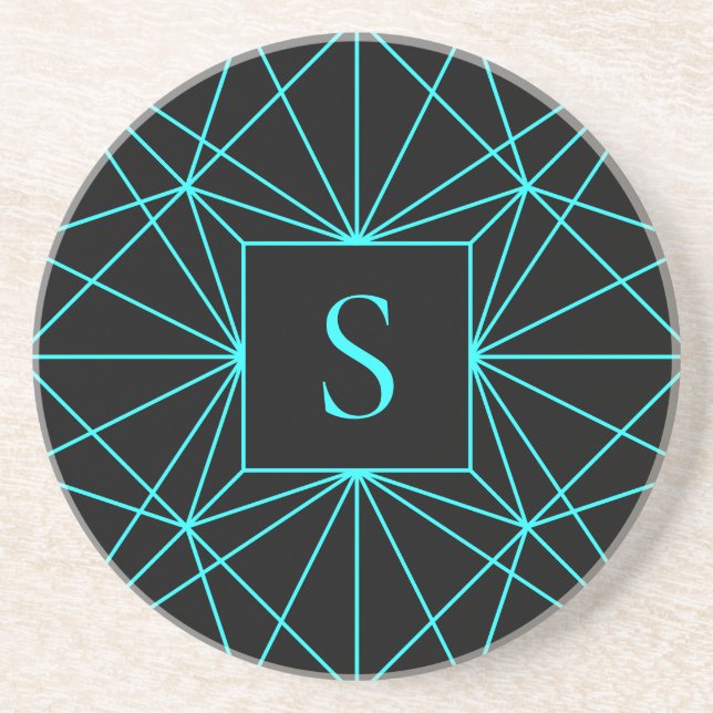 Anfangsmonogramm | Türkisfarbene Geometrie Getränkeuntersetzer (Vorne)