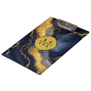 Anfangsname auf Navy Gold Abstract Marble FluidArt Klemmbrett
