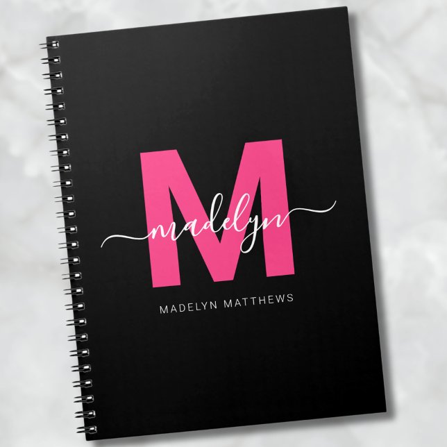 Anfangsname des Girly Black Hot Pink Monogramms Notizblock (Girly Black Hot Pink Initial Monogram Name notebook)