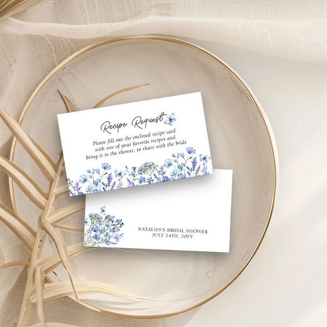 Anfrage nach einem Rezept für Blaue Wildblumen Bra Begleitkarte (Share a Recipe with the Bride Request Cards Blue Wildflower Bridal Shower Collection)