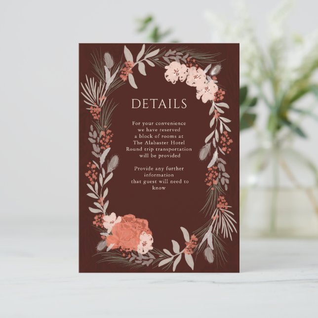 Angaben zu Boho Botanicals Brown and Cream Wedding Begleitkarte (Stehend Vorderseite)