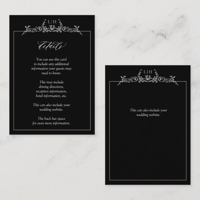 Angaben zum Hochzeitsstich der Schwarz-weißen Mono Begleitkarte (Vorne/Hinten)