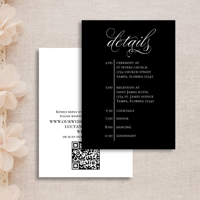 Angaben zum Hochzeitsstichtag Schwarz-Weiß-QR-UAWG Begleitkarte (Elegant Calligraphy Script Wedding Details Timeline enclosure insert card)