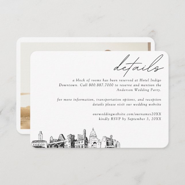 Angaben zum Zimmerblock Austin Wedding Hotel Begleitkarte (Vorne/Hinten)