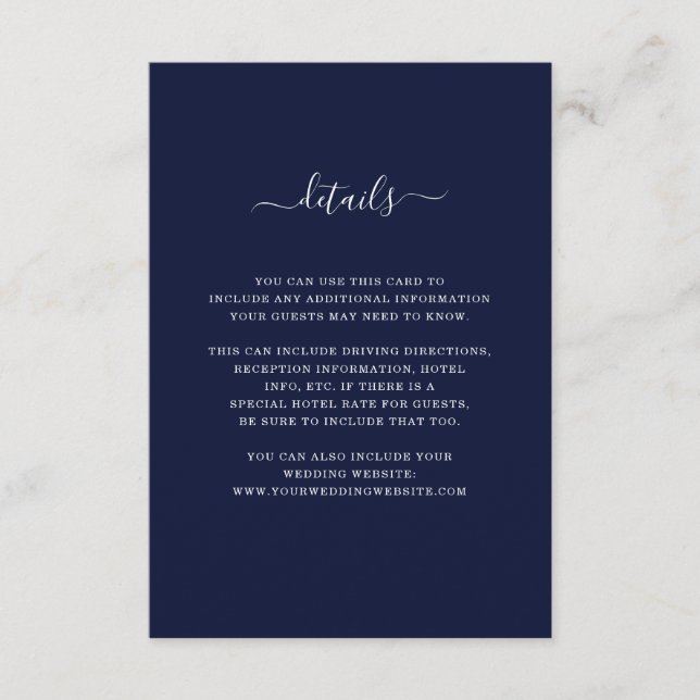 Angaben zur Hochzeit | Elegant Dark Blue und White Begleitkarte (Vorderseite)