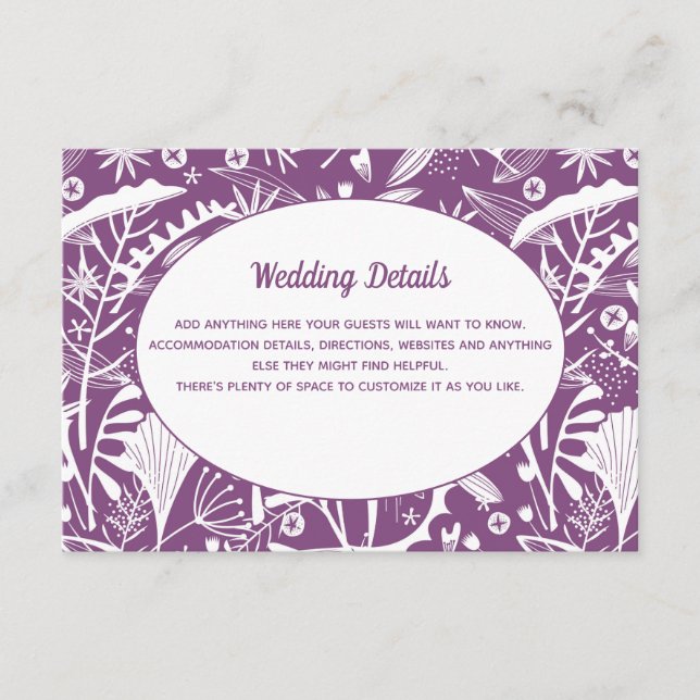 Angaben zur Hochzeit in Lila Botanischen Blättern Begleitkarte (Vorderseite)