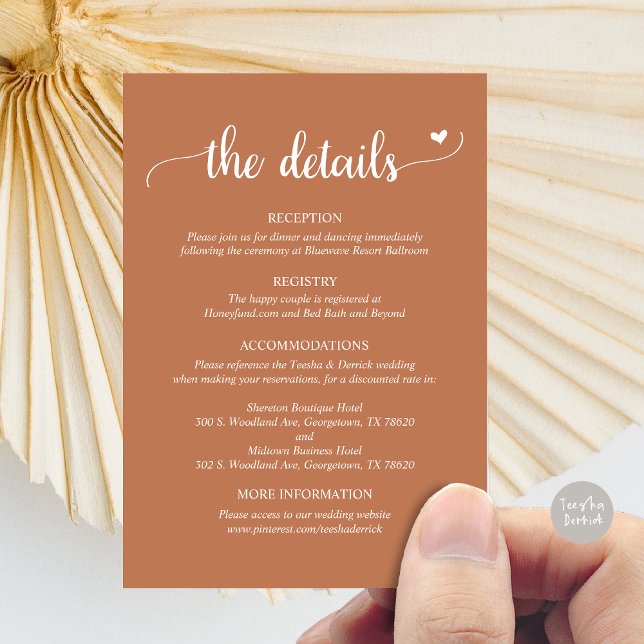 Angaben zur Hochzeit, rustikale Skripteinschlusska Begleitkarte (Wedding Details, Rustic Script Enclosure Card, in Copper Terracotta Brown rust)