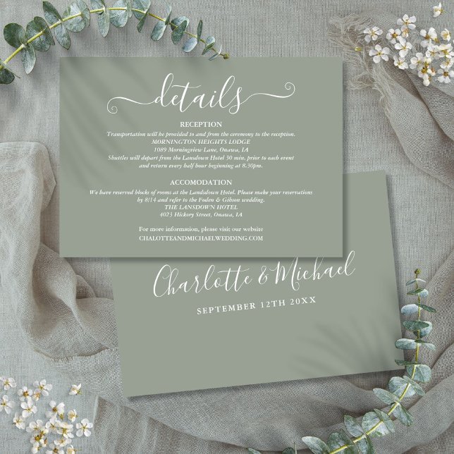 Angaben zur Hochzeit Signature Script-Seite Grün Begleitkarte (Wedding Details Signature Script Sage Green Enclosure Card)