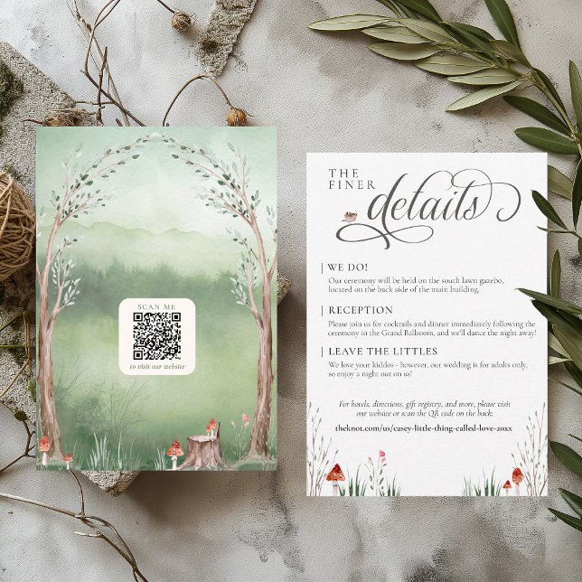 Angaben zur Hochzeit von Whimsikwald im Wasserfarb Begleitkarte (Cute whimsical cottagecore dreamy sage green tree arch  & mushrooms wedding invitation Details card)