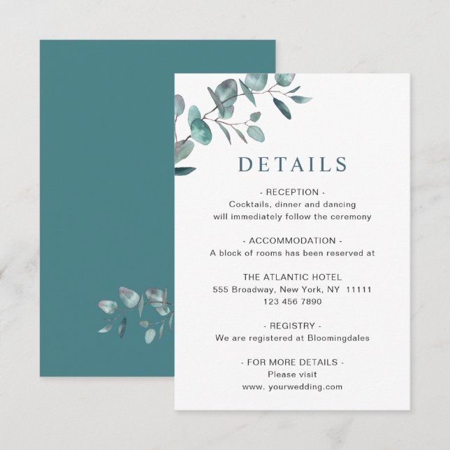 Angaben zur Hochzeitsempfehlung für Eukalyptus Begleitkarte (Vorne/Hinten)