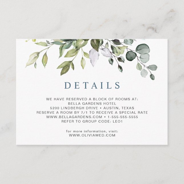 Angaben zur Hochzeitsempfehlung für Eukalyptus Begleitkarte (Vorderseite)