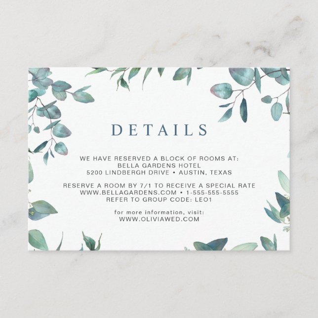 Angaben zur Hochzeitsempfehlung für Eukalyptus Begleitkarte (Vorderseite)