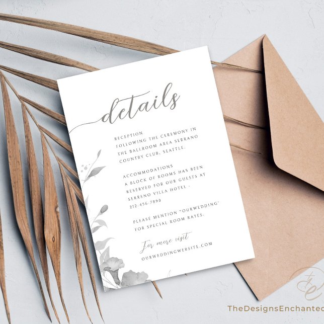Angaben zur Hochzeitskarte Minimalistische Blumend Einladung (Wedding Enclosure Card. Minimalist Details Card with boho watercolor flowers by TheDesignsEnchanted)