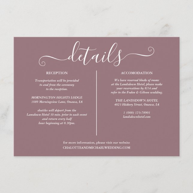 Angaben zur Mauve-Unterschrift für Hochzeiten Begleitkarte (Vorderseite)