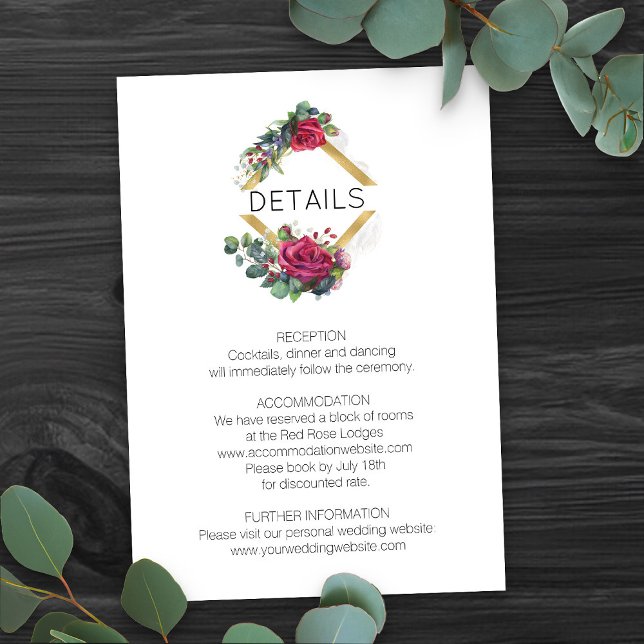 Angaben zur rote Rose und Eukaluptus-Hochzeit Begleitkarte (Romantic floral wedding details card from my Red Rose and Eucalyptus Wedding Collection)