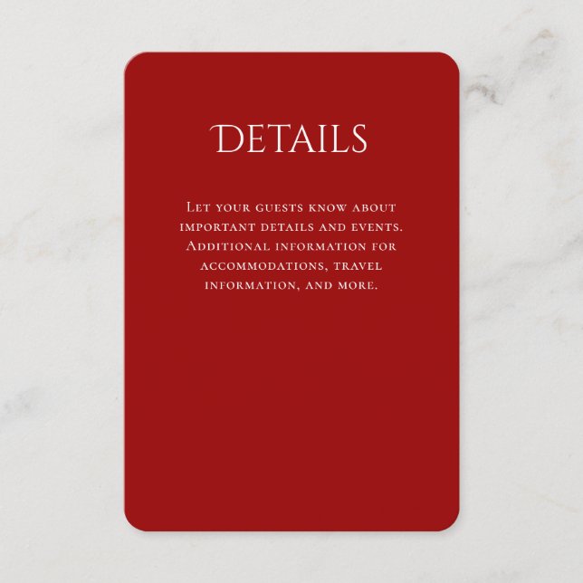 Angaben zur Typografie bei einer Roten Hochzeit Begleitkarte (Vorderseite)