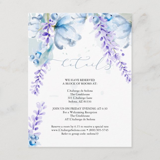 ANGABEN ZUR WEDDING | Lavender Dusty Blue Floral Begleitkarte (Vorderseite)