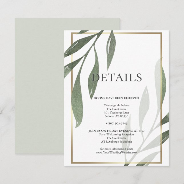 ANGABEN ZUR WEDDING | Sage Green Olive Folies Einladung (Vorne/Hinten)