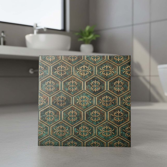 Angeflogenes Teal & Bronze Sechseck #17 ID1227 Fliese (Von Creator hochgeladen)