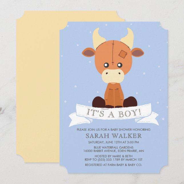 Angefülltes Kuh-blaues Gelb ist es ein Junge! Einladung (Vorne/Hinten)
